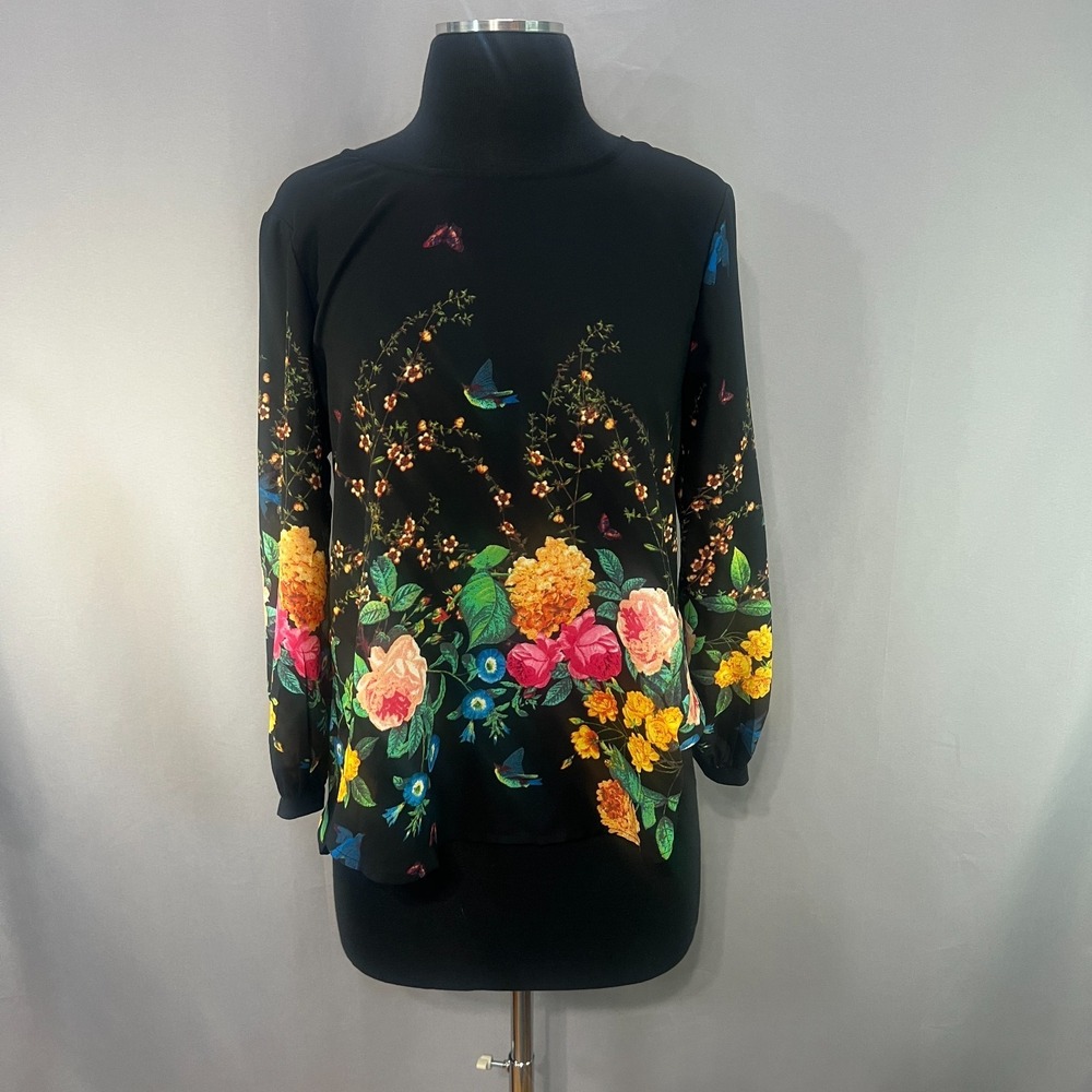 Meraki Blouse Top Womens Medium Black Floral Round Neck Long‎ Sleeve Cutout Back
